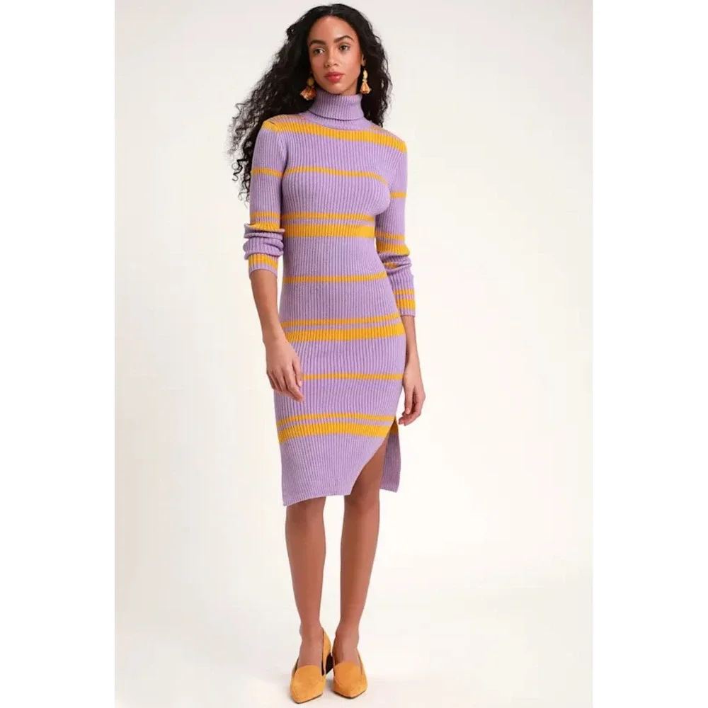 Moon River Turtleneck Midi Dress L Purple Yellow Striped Ribbed Retro Mod